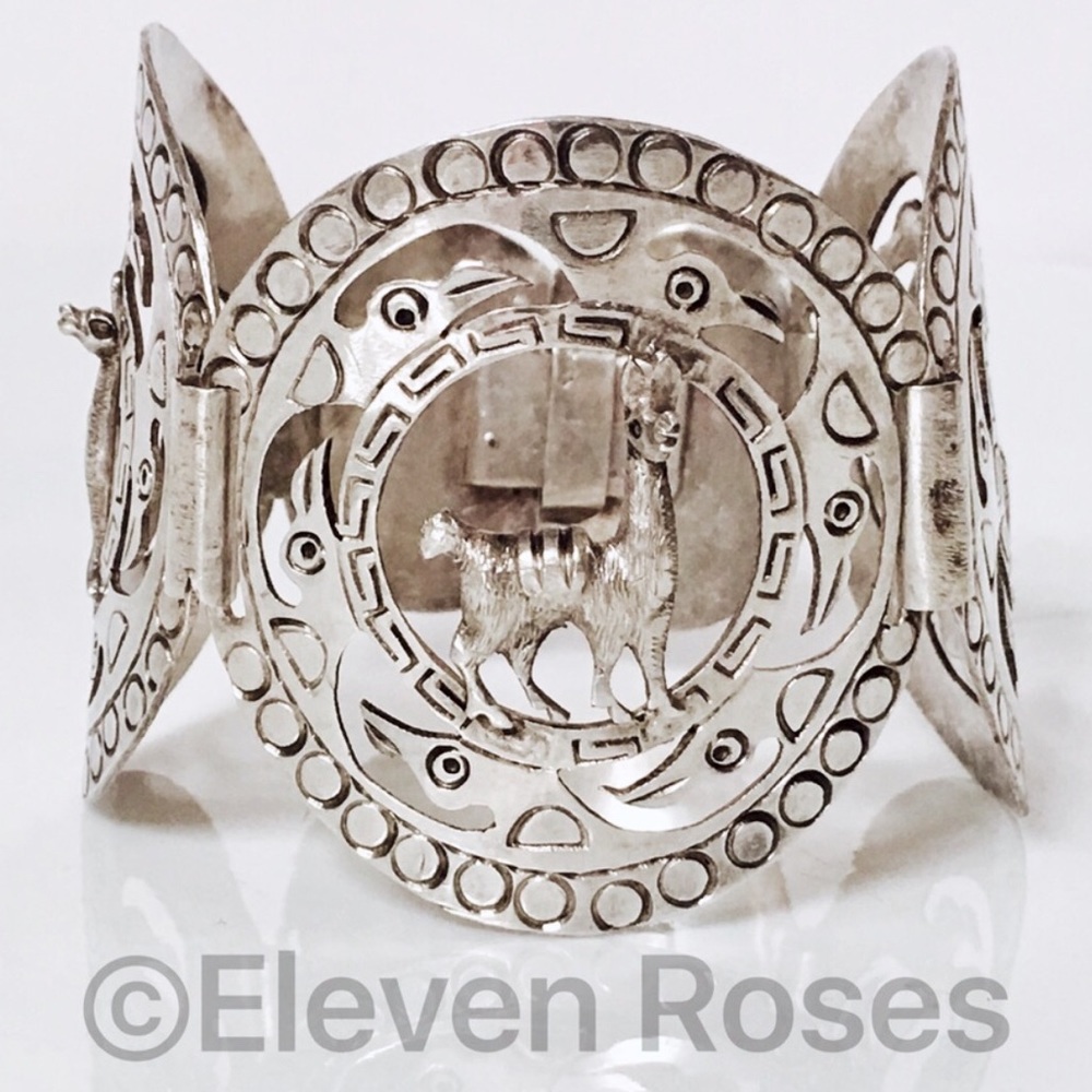Vintage XL Peruvian Sterling Llama Panel Bracelet - Picture 7 of 7